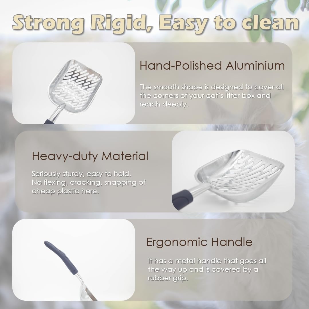 Aluminum Cat Litter Scoop in Holder, Non-Stick Cat Poop Scooper with Holder, Fast Sifting Kitten Poop Lifter and Caddy (Blue)