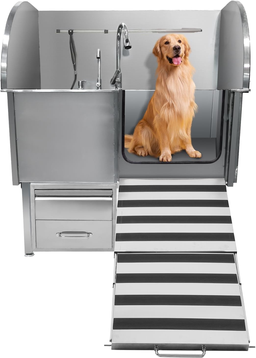 Professional Dog Grooming Tub, 50" Stainless Steel Dog Wash Station with Foldable Ramp, Storage Drawer, Floor Grate & Faucet/Dog Bathtub for Large, Medium & Small Pets - Right Door (50")