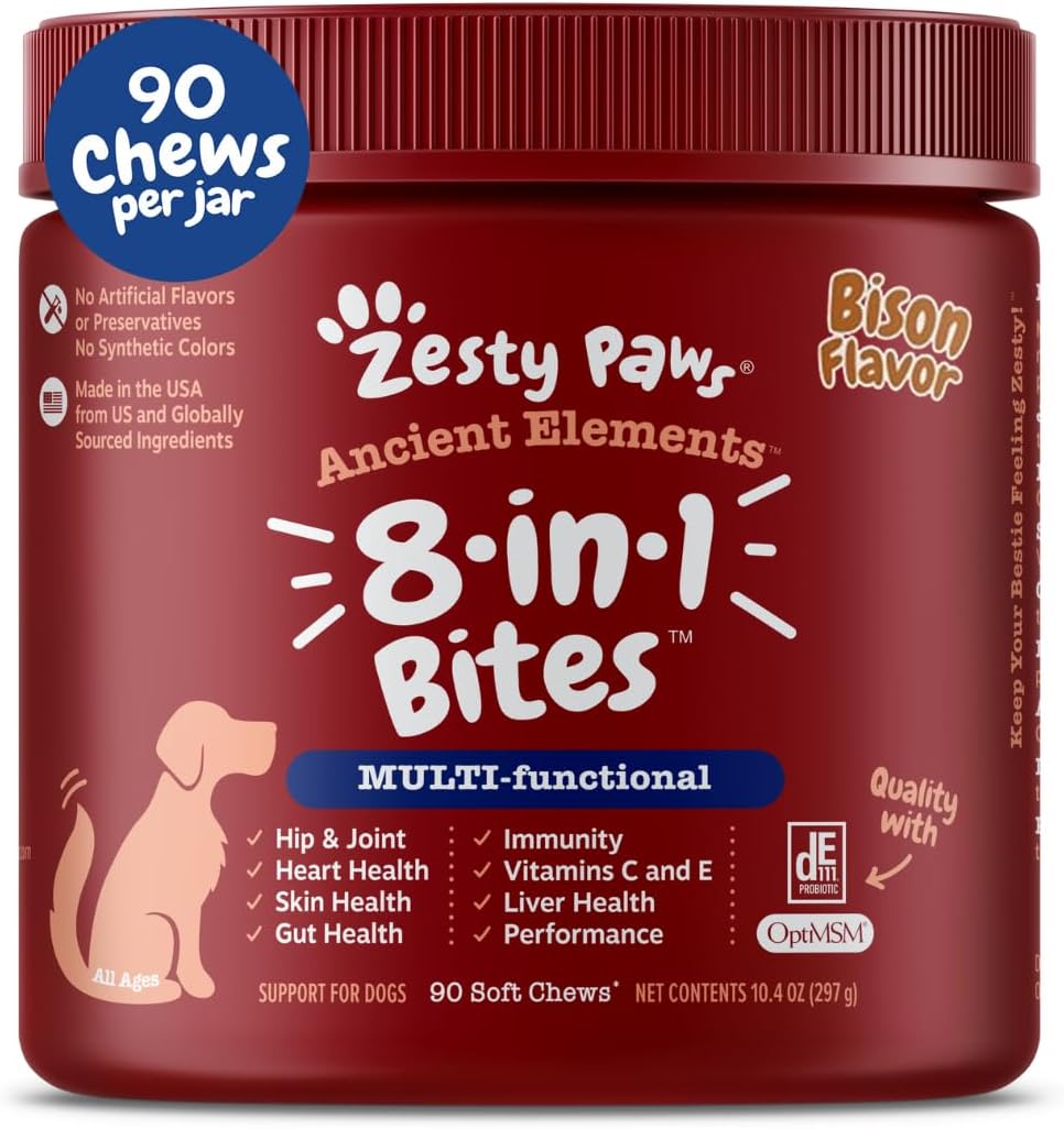Zesty Paws Dog Multivitamin, Chewable Dog Vitamins and Supplements for Hip & Joints, Skin & Coat, Omega 3 Fish Oil for Dogs- Senior & Puppy Multivitamin - Bison- 90ct