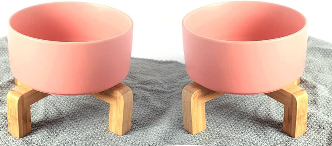 Petygooing Dog Cat Bowl Ceramic Pink Pet Dish with Stand for Food and Water, Modern Cute Matte Glaze Weighted Pet Bowls Set for Cats & Small Size Dogs 13.5 OZ (5.1In / 1.7 Cups) Pink