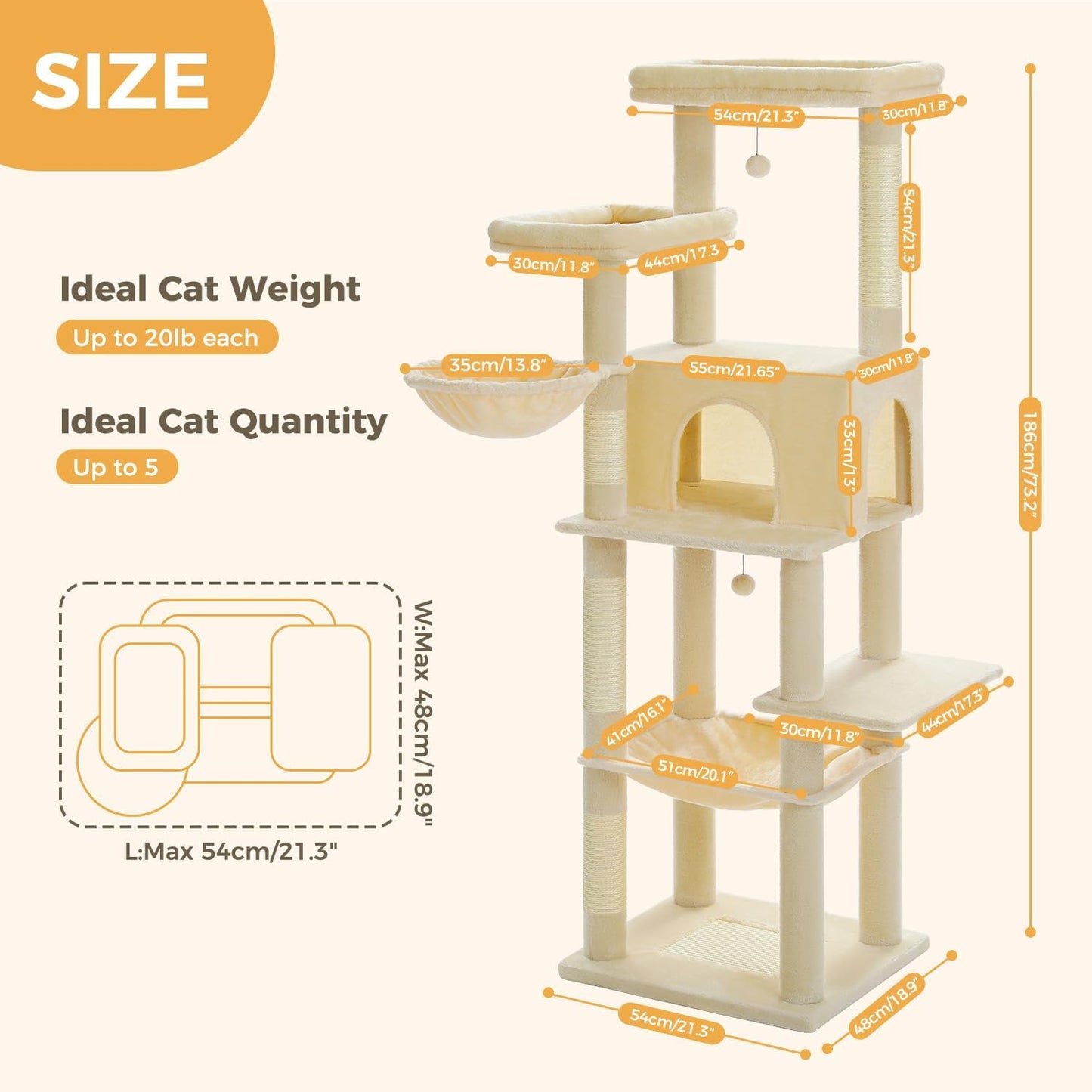 PAWZ Road Large Cat Tree, 73 Inches Tall Cat Tower with 1 Large Padded Perch,2 Spacious Hammocks,8 Long Scratching Posts, XL Plush Cat Condo for Indoor Adult Cats,Beige