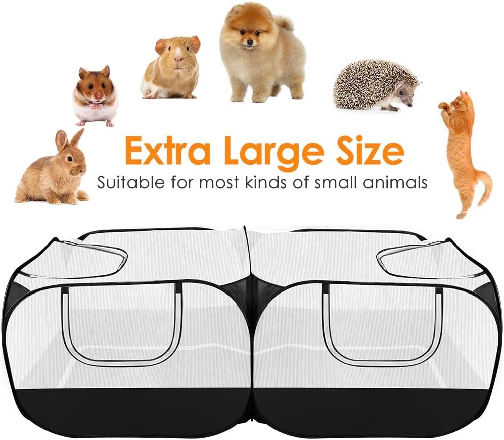 Lukovee Small Animals Playpen, Chicken Pen with Escape-Proof Detachable Bottom & 4 Zipper Doors, Breathable Foldable Portable Large Chicken Run Coop for Puppy Duck Kitten Rabbits Outdoor Yard (Black)