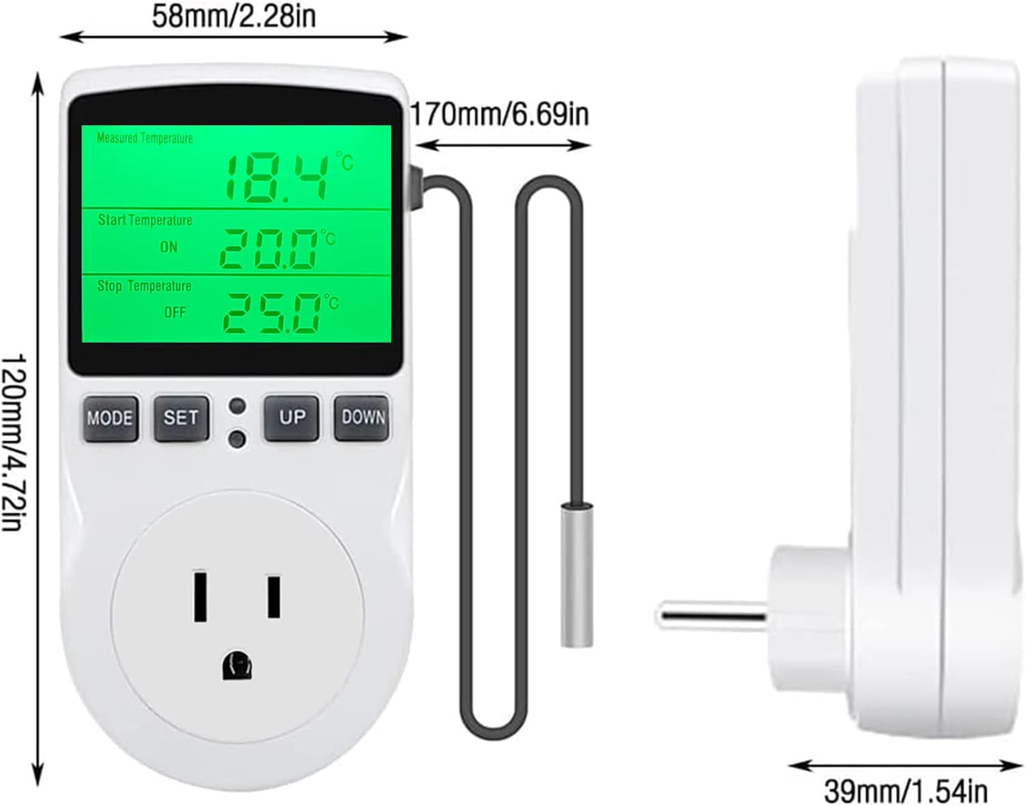 KABASI Digital Temperature Controller, Backlit LCD Screen Thermostat Heating Cooling Outlet Plug with Sensor Timer for Reptile Incubator Greenhouse Brewing Refrigerator 110V, 15A, ℉/℃