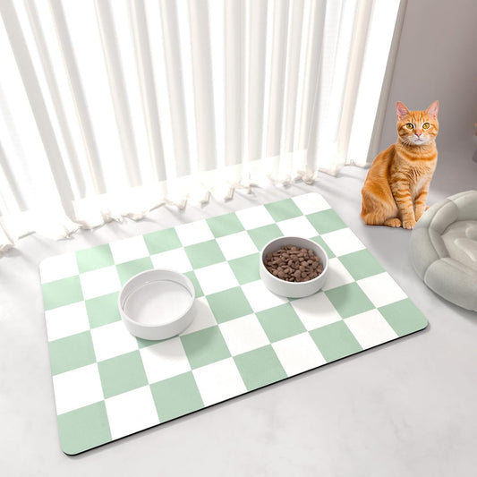 Cat Food Mat - 12"x 20" Cat Dog Mats for Food and Water Bowl, Checkered Pet Placemat Feeding Mat, Non-Slip Under Pet Bowls Mats for Messy Drinkers, Green & White