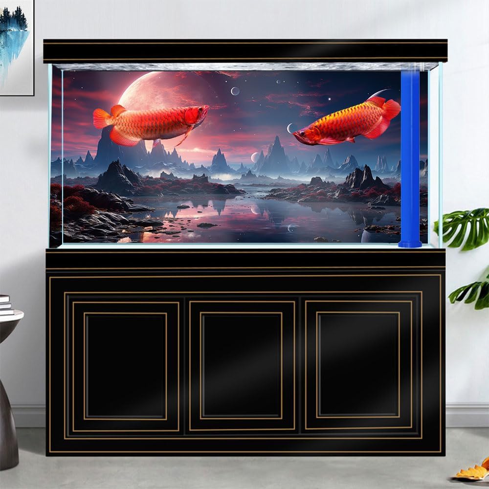 48X24IN Cosmic Spaceterrarium Background, Cool Parallel Space Themed Aquarium Reptile Habitat Background, Red Moon Aquarium Background with 10EVA Double-Sided Tape