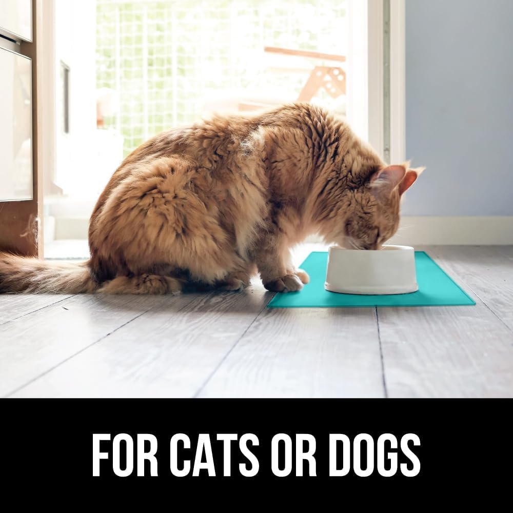 GORILLA GRIP 100% Waterproof Raised Edge BPA Free Silicone Pet Feeding Mat, Dog Cat Food Mats Contain Spills Protects Floors, Placemats for Cats and Dogs Water Bowl, Pets Accessories 23x15 Turquoise
