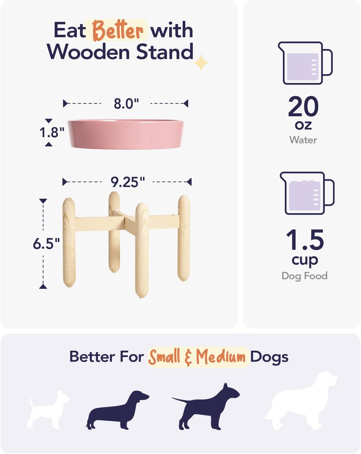 LE TAUCI Ceramic Slow Feed Dog Bowls, Elevated for Small and Medium Breed Dogs, Anti-Gulping Pet Feeding Dishes, Flower Pink, 1.5 Cups