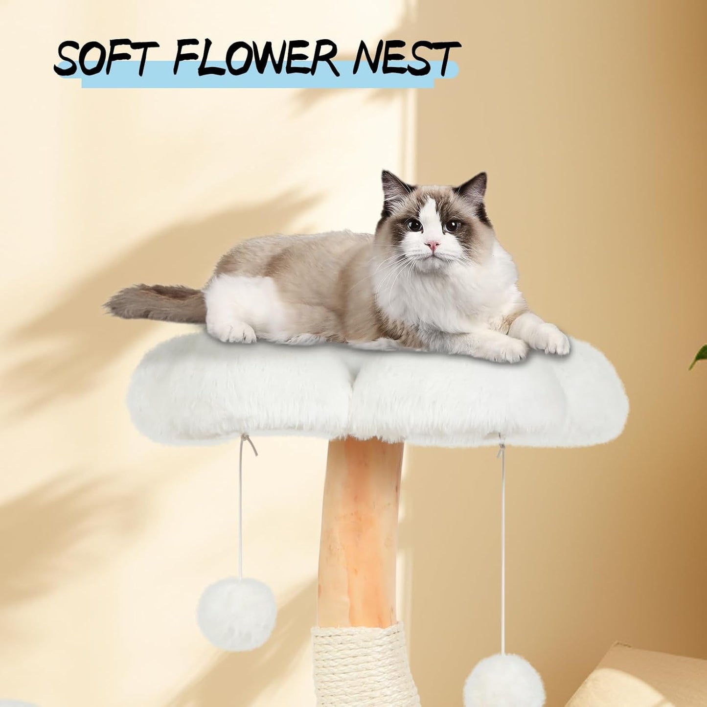 Cute Cat Tree Tower for Indoor Cats Adult, Wood Flower Cat Trees with 6 Pompoms, Modern Cat Tree Tower with Scratching Post, Aesthetic Luxury Cat Condo for Cats Kitten, Alpine White