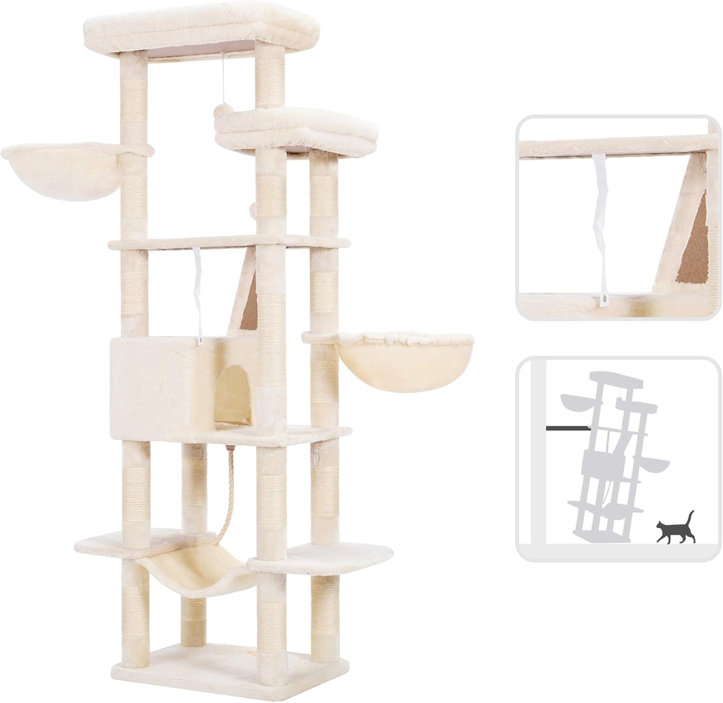 Heybly Cat Tree, 68 inch Multi-Level Cat Tower for Indoor Cats, 2 Widened Plush Perches Cat Condo with Scratching Board and Big Caves, Beige HCT025M