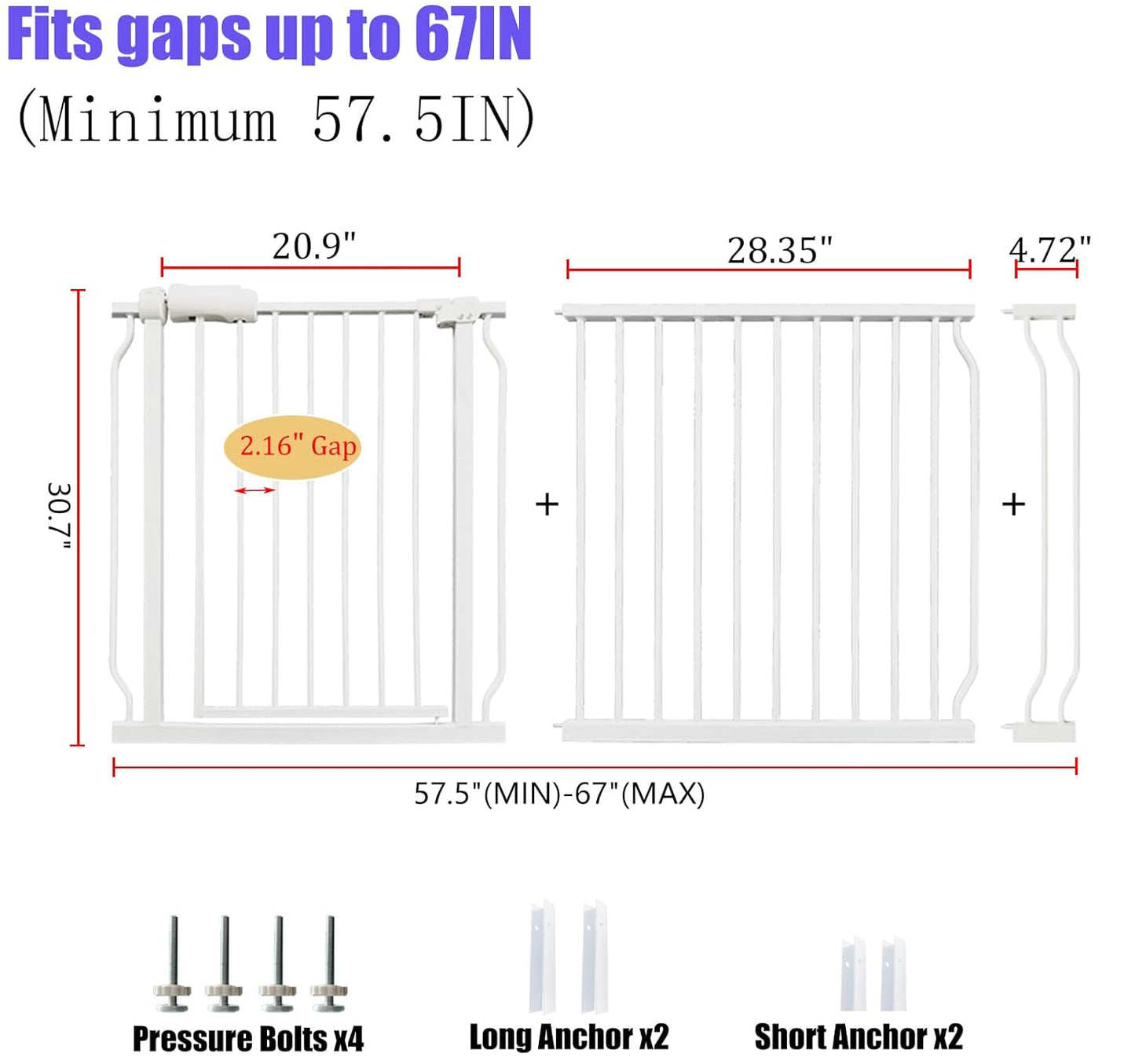 Extra Wide Baby & Dog Gate 62-67 Inch, Pressure Mounted No Drilling, Adjustable Indoor Safety Gate for Stairs & Wide Doorways - Metal Design for Kids and Pets, White