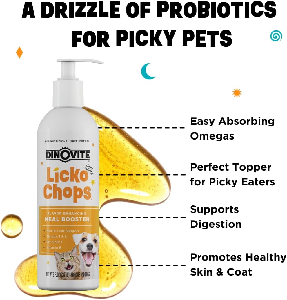 Dinovite Lickochops for Dog & Cat Supplement Enhanced with Omega-6, 3 Fatty Acids, Probiotics and Vitamin E, 16 oz with Pump