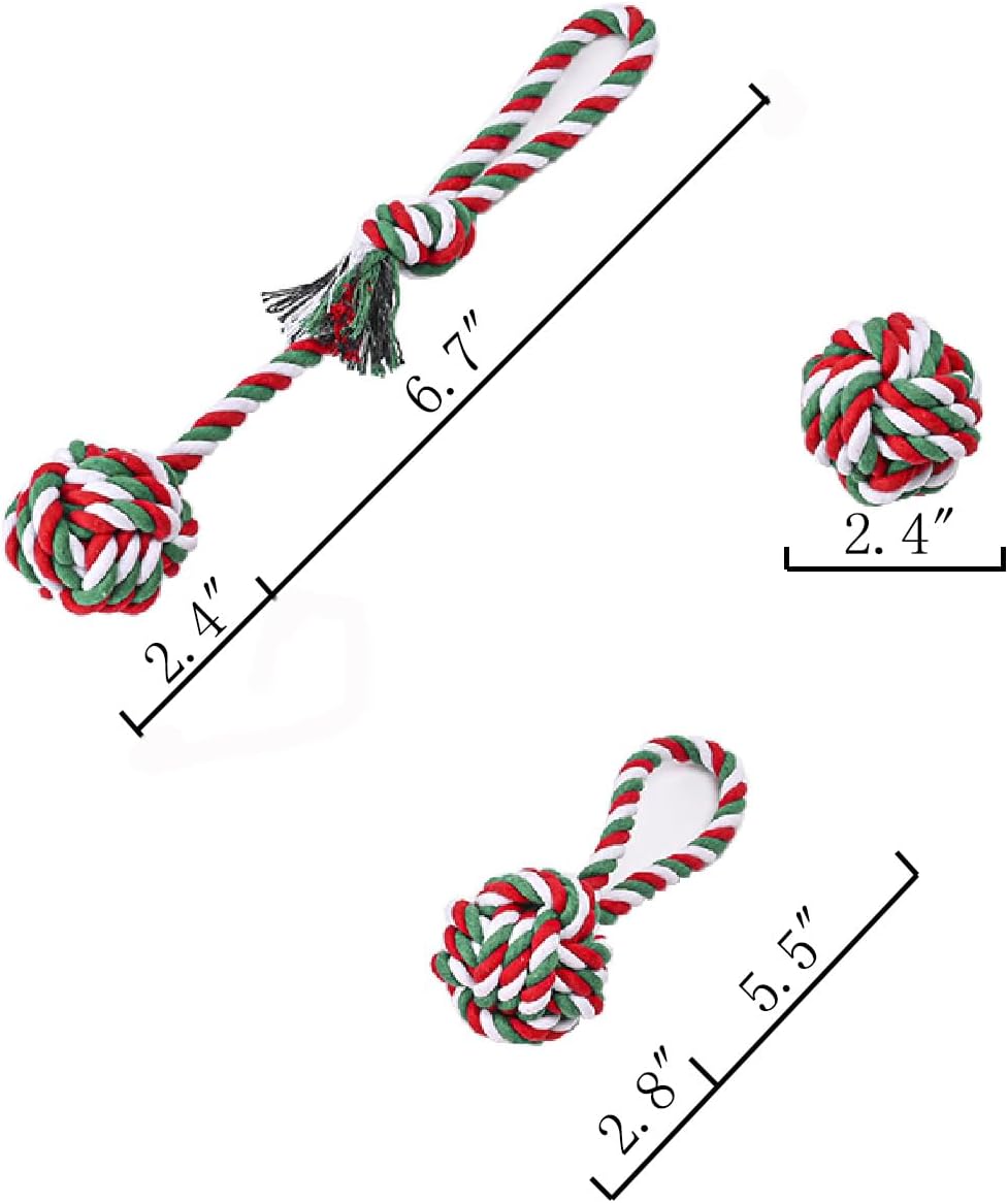 Chew Toys for Small and Medium Dogs - Teeth Cleaning, Gum Massage, Boredom Relief - Christmas Ball Rope Toy Set of 4