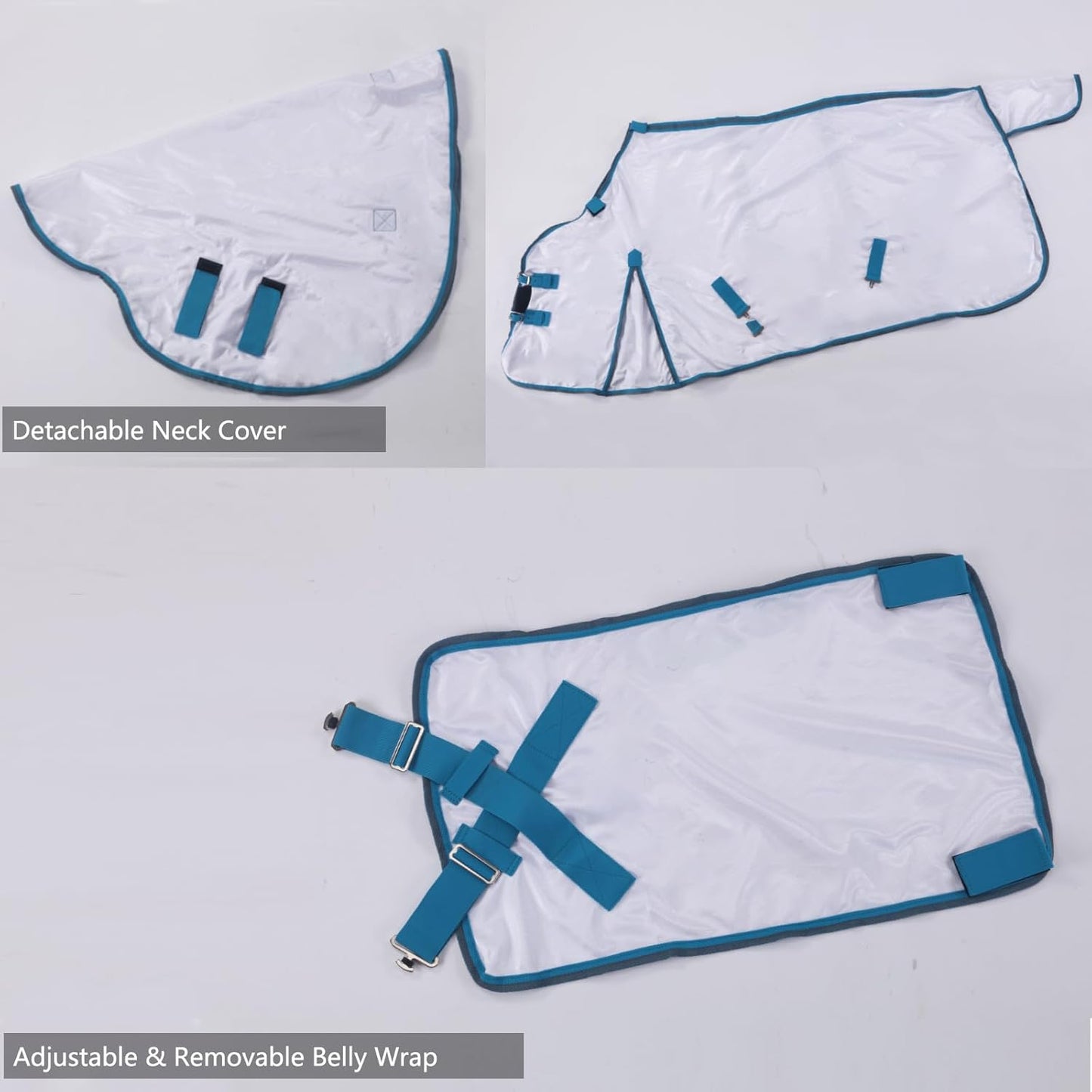 Horse Fly Sheet with Detachable Neck Cover & Belly Wrap, Adjustable Fly Sheet for Horses, Ventilated Airflow Mesh Equine Cooling Summer Flysheet White 84