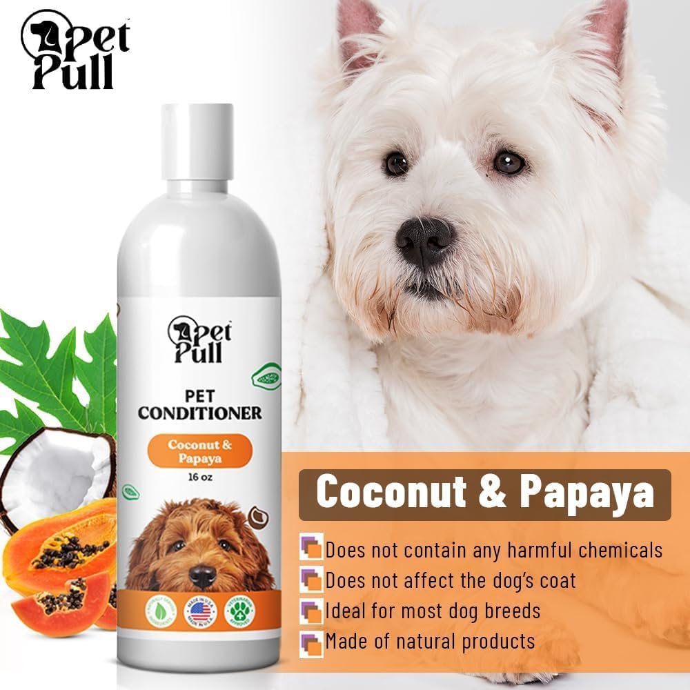 Dog Conditioner Puppy Essentials - Moisturizing Conditioner for Dogs with Coconut and Papaya Scent - Plant Based Dog Bath Supplies Detangle and Revive Pet's Coat - Made in USA (16 Oz)