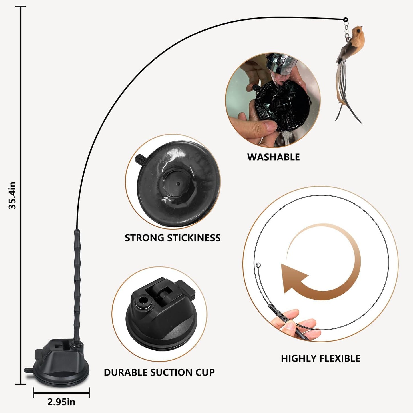 Cat Toys for Indoor Cats, Interactive Bird Cat Toy Self-Holding Suction Base with 5 Replaceable Birds, Door Hanging String, Feathers & Bells | Chase, Jump & Exercise for Kittens/Adult Cats