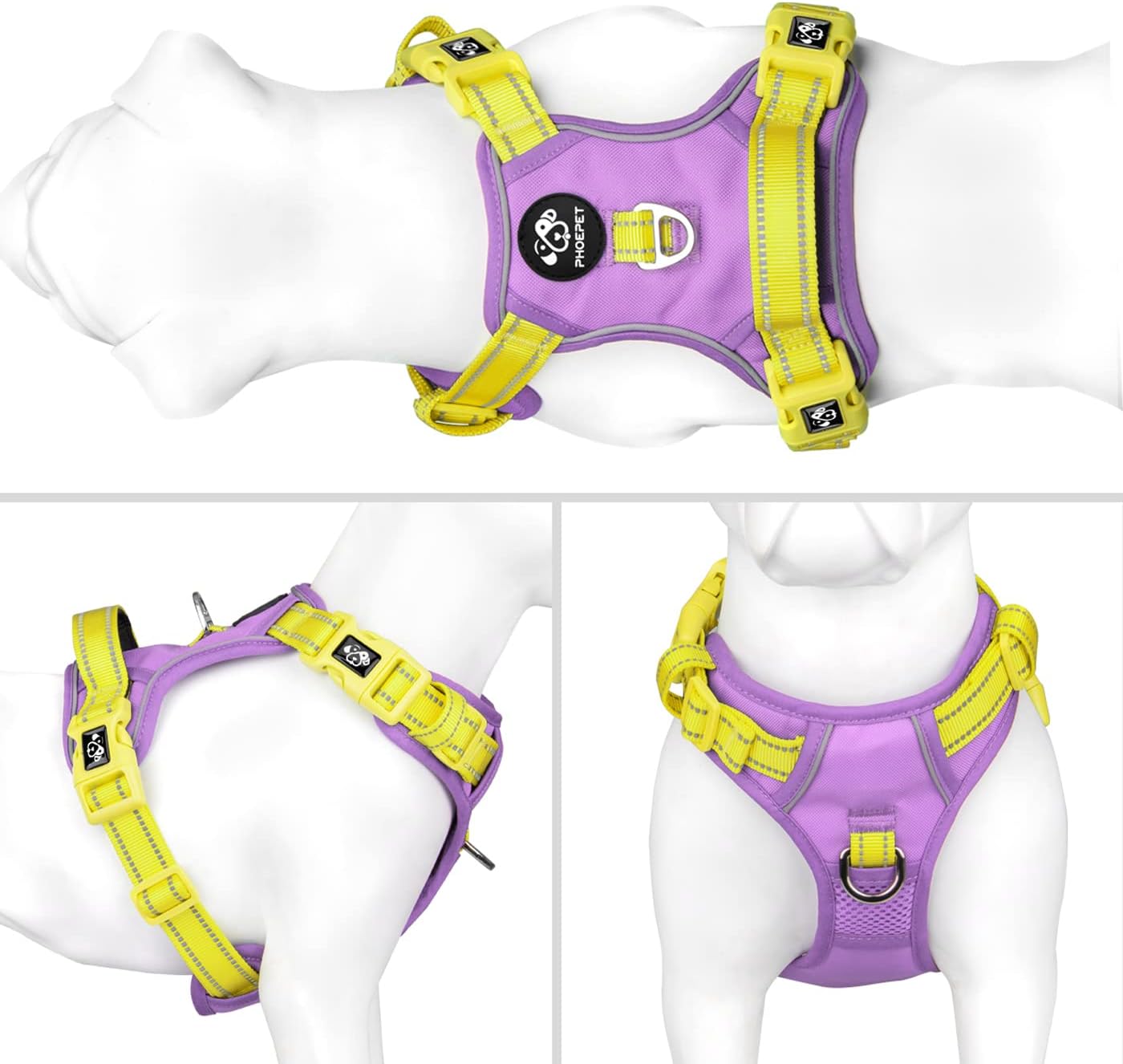 PHOEPET No Pull Dog Harness, Unique Colors Reflective Adjustable Dog Vest, with Soft Training Handle Metal Clips for Small Medium Large Dogs (Baby Purple Base & Yellow Straps,M)