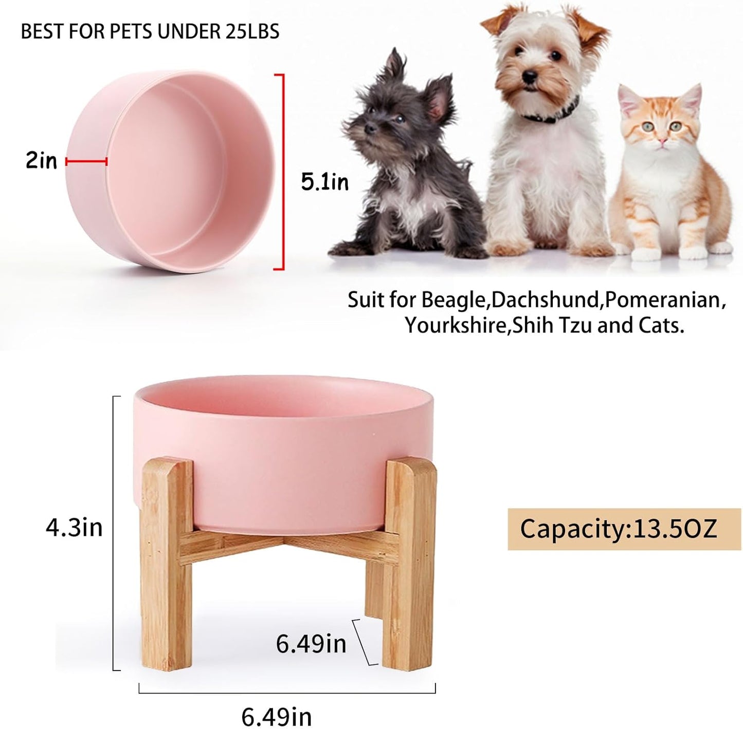Petygooing PinkElevated/Raised Ceramic Dog Bowl for Small Breeds, Dog Food Water Dish with Stand,Pet Feeding Bowl with Anti Slip Rubber for Cats and Small Dogs Puppy 13.5 OZ (5.1In / 1.7 Cups)