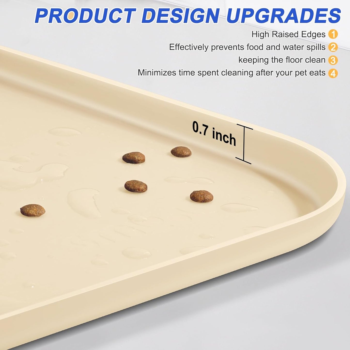 Silicone Pet Feeding Mat with Raised Edge for Food and Water, Dog Bowl Mats, Cat Bowls Placemat with High Lip for Floor Waterproof, Rubber Tray for Cats and Dogs 19 x 12 x0.7 White Sand