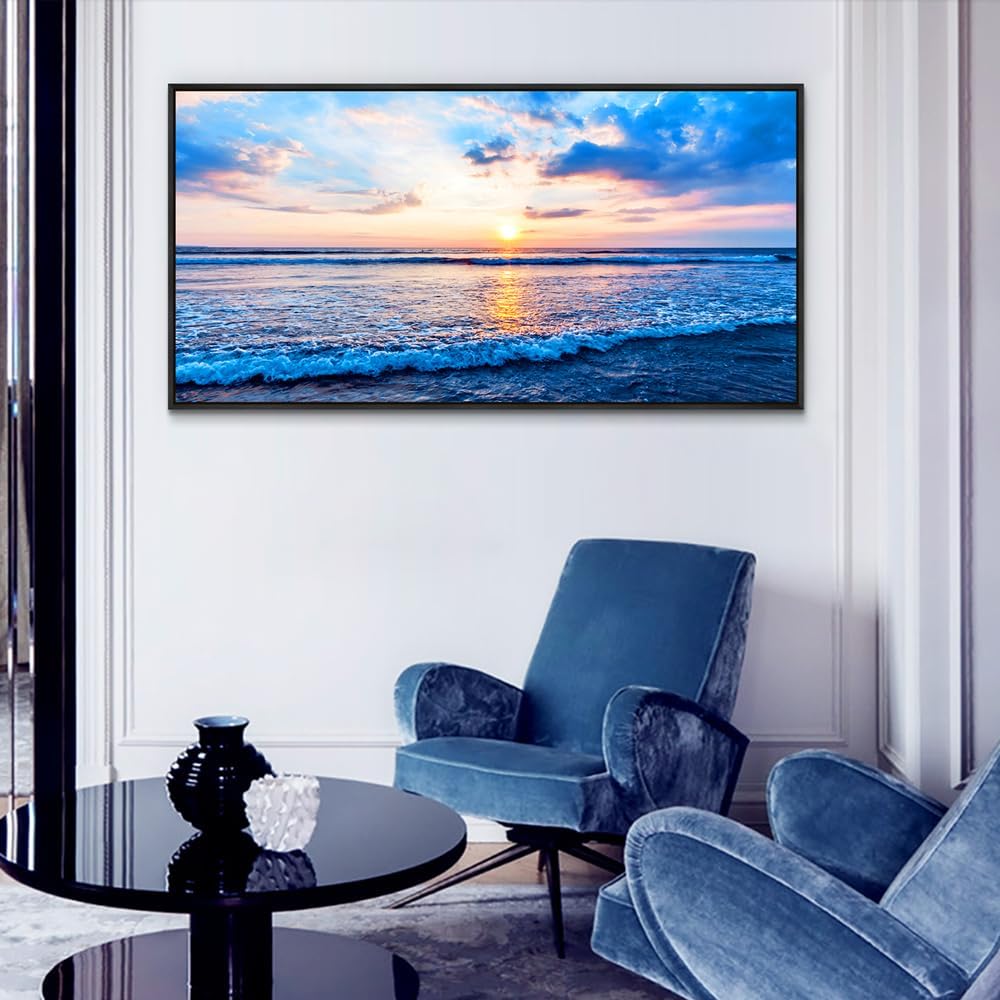 Wapluam Large Canvas Prints Wall Art For Living Room Office Wall Decor Blue Beach Sea Waves Landscape Wall Painting Bedroom Home Decorations Pictures Ready To Hang Wall Mural Black Framed Artwork