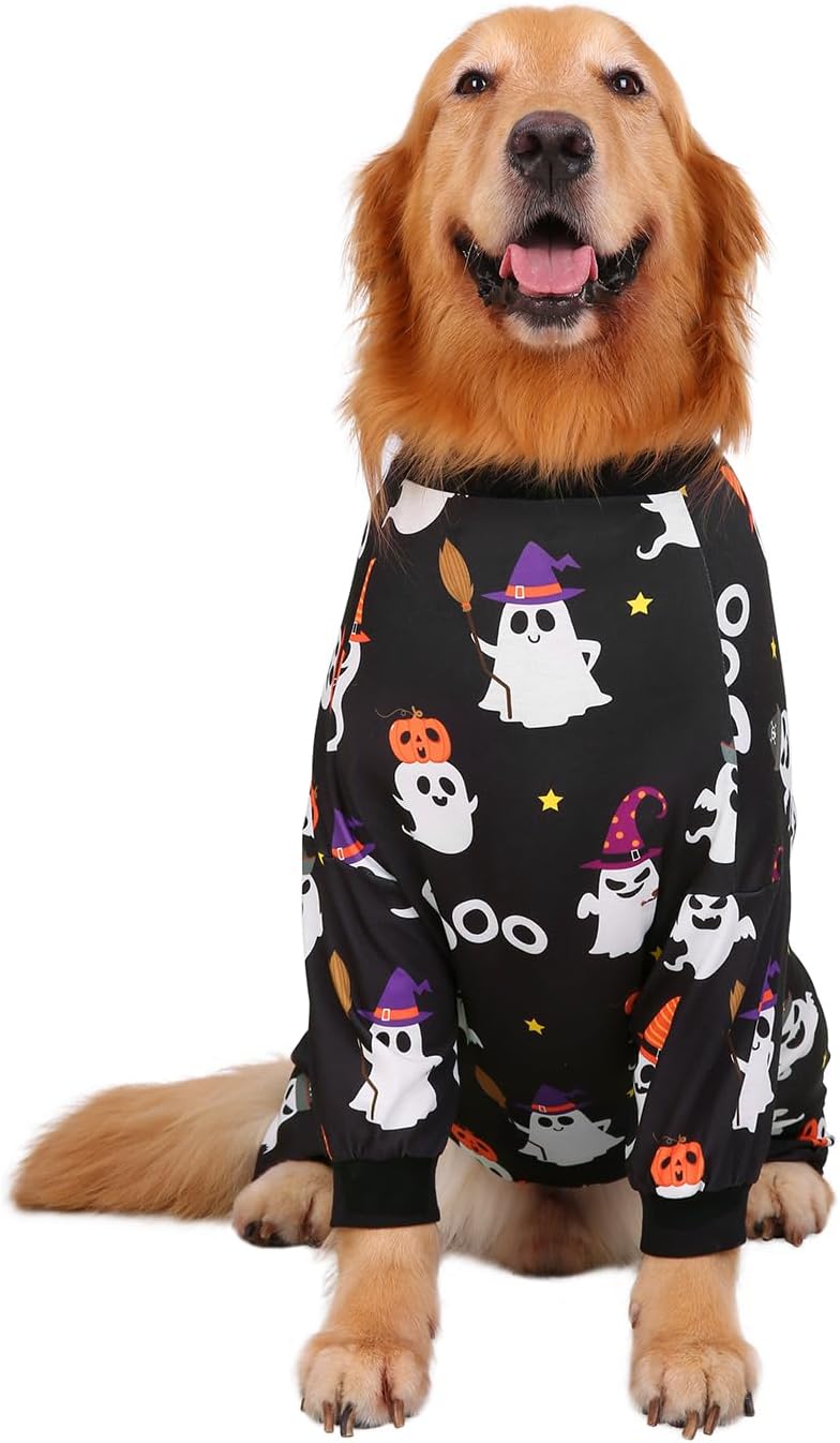 HDE Dog Pajamas One Piece Jammies Jumpsuit Pet Clothes Outfit Stretchy Lightweight Comfy Shirt Pjs for M-3XL Dogs Cute Ghosts - M