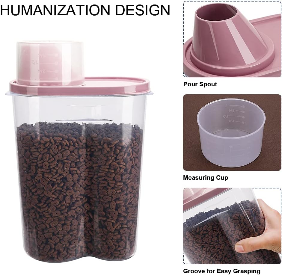 GreenJoy 2 Pack 2lb/2.5L Pet Food Storage Container with Measuring Cup, Can Covers and Bowl for Small Dog, Cat, Waterproof-BPA Free (Blue and Pink)