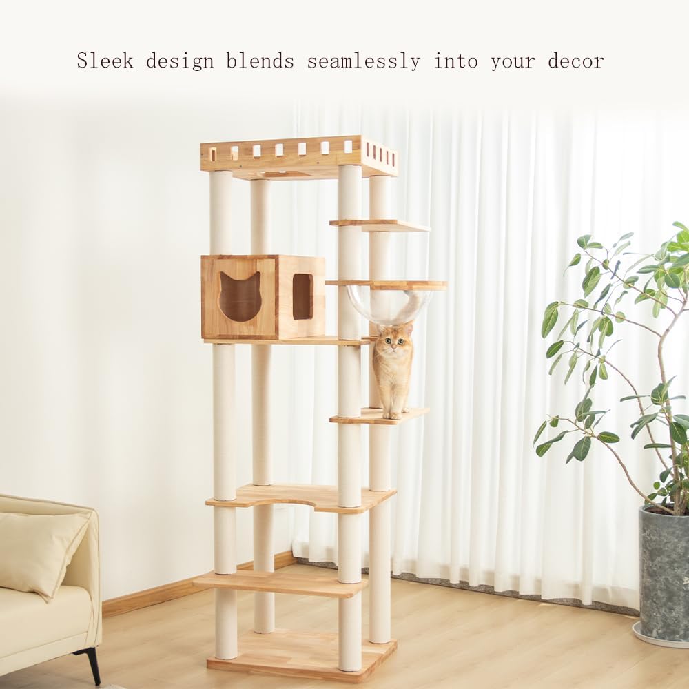 74.8" Wooden Cat Tree Tower for Large Cats, Multi-Level Cat Climbing Furniture with Scratching Posts, Cat Condo & Hammock, Natural Wood Cat Activity Center (White)