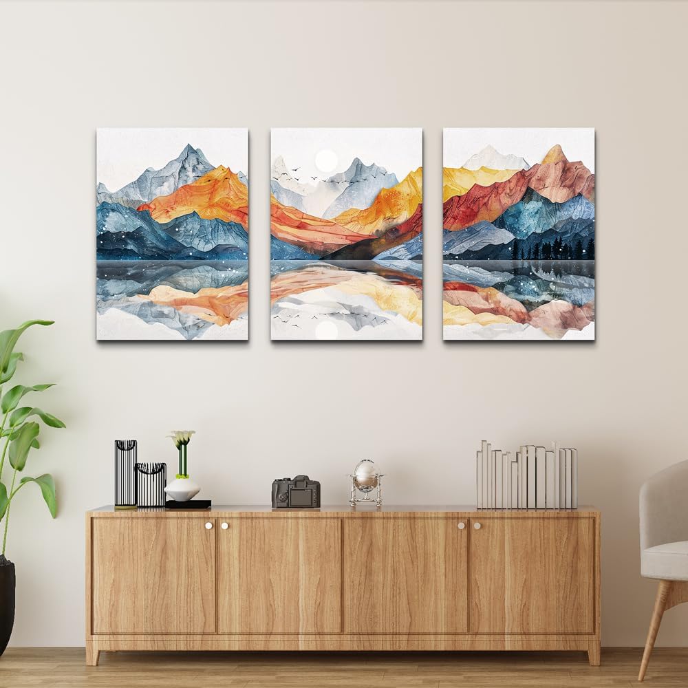 TTHYUEWS Abstract Wall Art for Living Room Canvas Wall Decor for Bedroom Office Decoration Wall Pictures Ink Mountain Landscapes Wall Paintings Artwork Modern Room Home Decor Ready To Hang 3 Piece