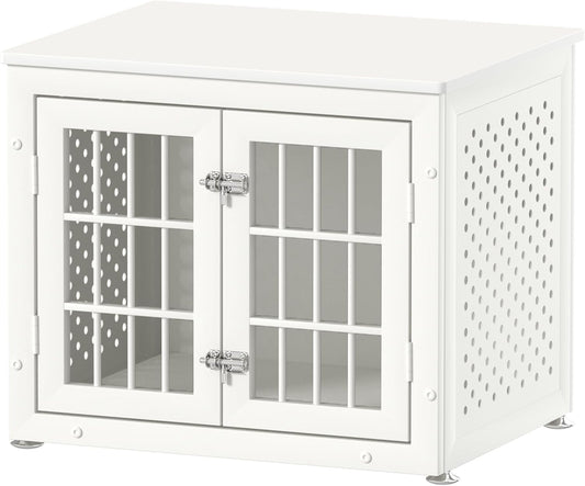 26" Heavy Duty Dog Crate Furniture for Small Dogs, Metal Kennel for High Anxiety Dogs, Chew Proof Pet Cage Indoor, Decorative Dog Kennel End Table, White
