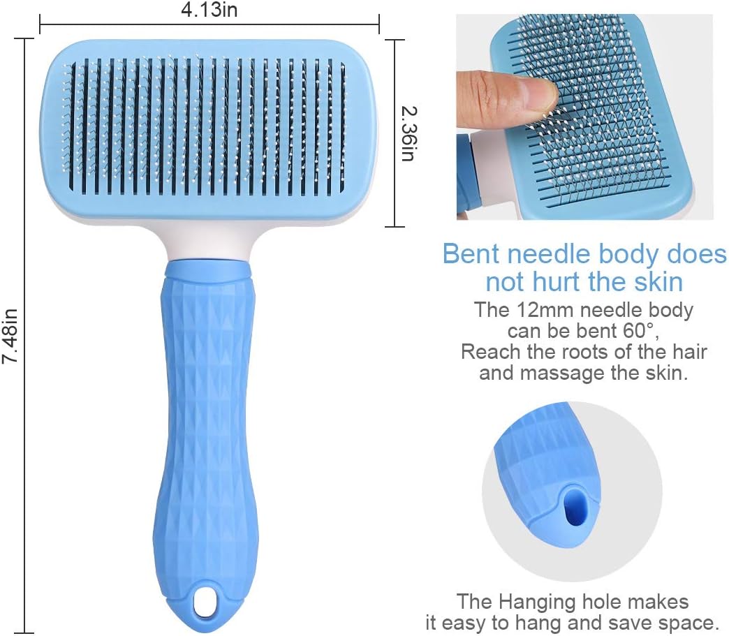 Self Cleaning Slicker Brush,Dog Brush & Cat Brush with Massage Particles,Removes Loose hair & Tangles,Skin Friendly & Promote Circulation-Blue 1