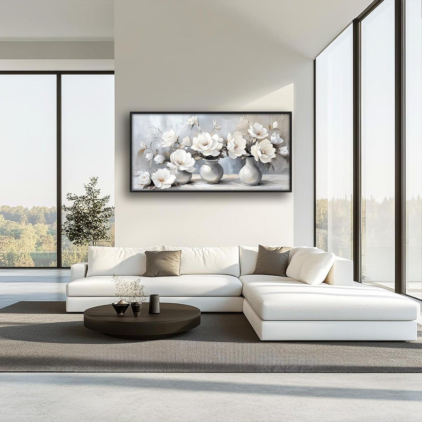 Large Farmhouse Floral Wall Art for Living Room, Framed Oversized White Flower Vase Wall Decor Grey Floral Canvas Painting Pictures Modern Artwork for Bathroom Bedroom Office Dining Room 60"x30"