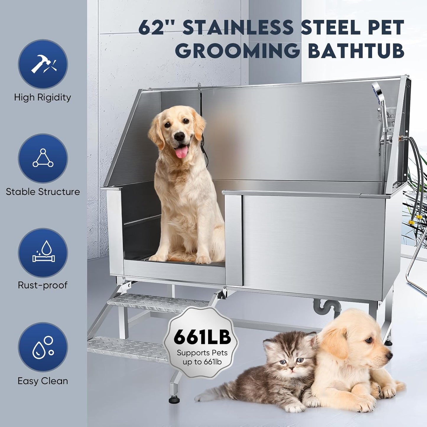 Dog Bathtub XL Professional 62inch Dog Washing Station Stainless Steel Pet Grooming Tub for Extra Large Dogs Wash Tub, Medium, Small Dogs Cats with Left Sliding Doors, Steps, Right Faucets