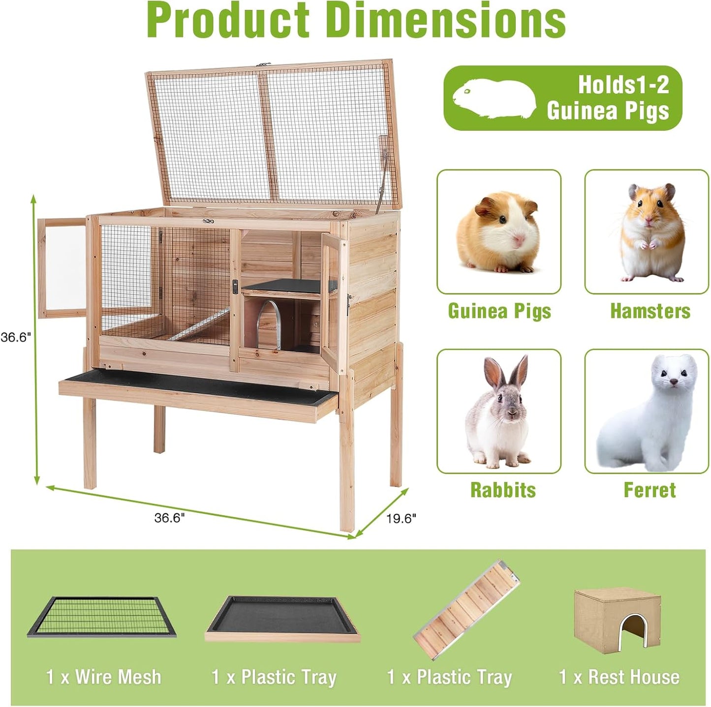 GUTINNEEN Indoor Guinea Pig Cages - Wooden Rabbit Cage Bunny Hutch with Chew-Proof Ramp, Pull-Out Tray, Leakproof PVC Layer & Detachable Legs for Rabbits, Guinea Pigs (Natural Wood)