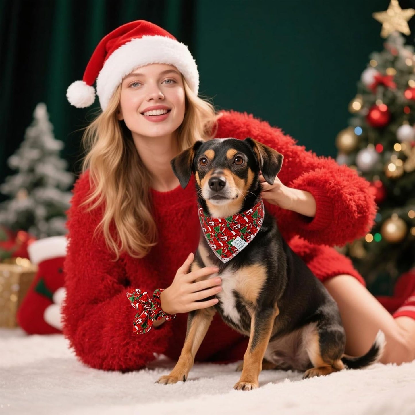 E-Clover Christmas Dog Bandanas & Matching Scrunchie Set Green Red Dog Scarf Bibs Pet Bandana with Bow Tie for Small Dogs Puppy Owner Mom Winter