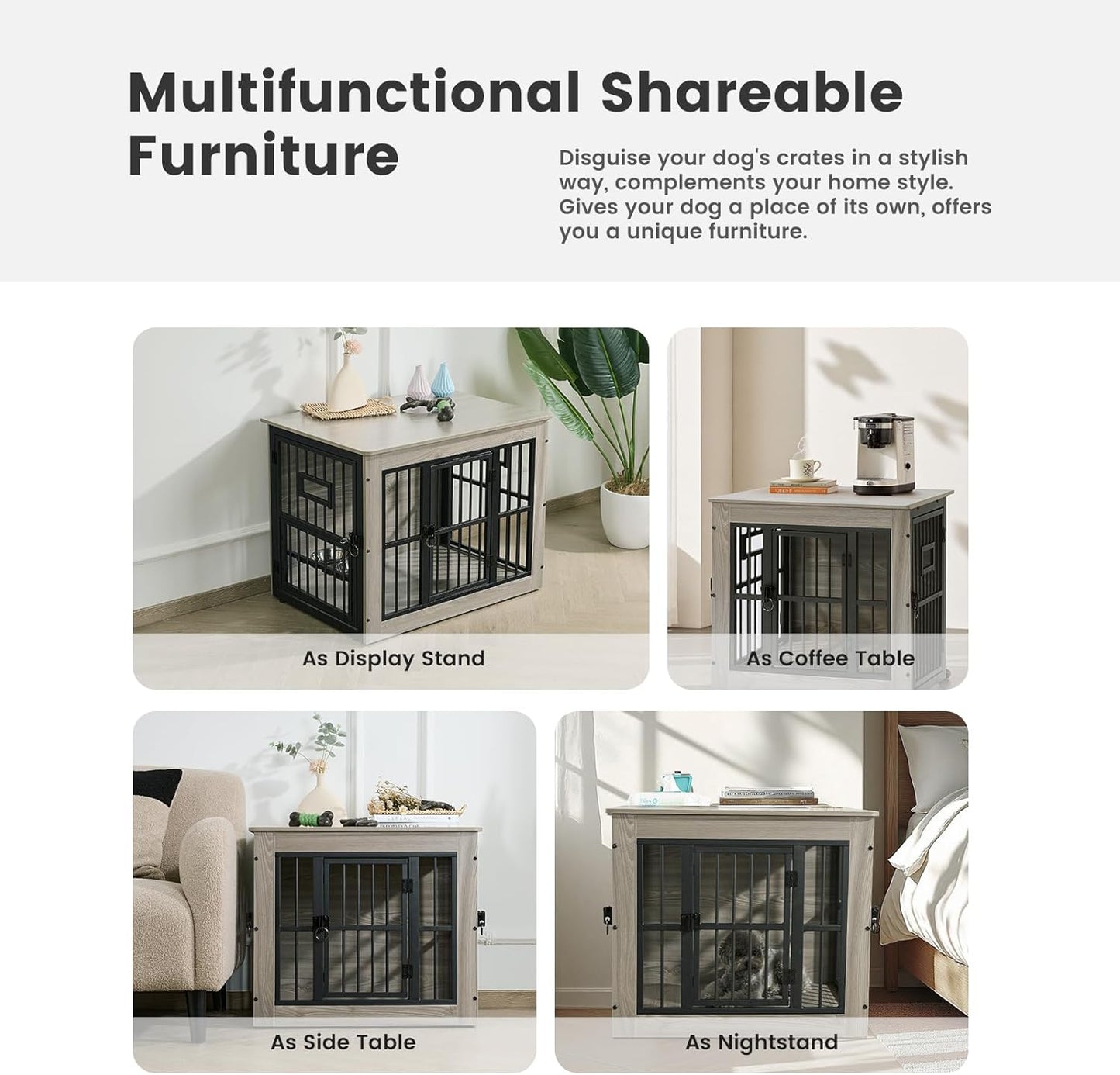 Gardner Pet Dog Crate Furniture for Medium Dogs, 32.7 Inch Dog Kennel Indoor, Wooden Dog Cage End Table with 2 Removable Bowls, Heavy Duty Dog Crate, Rustic Grey