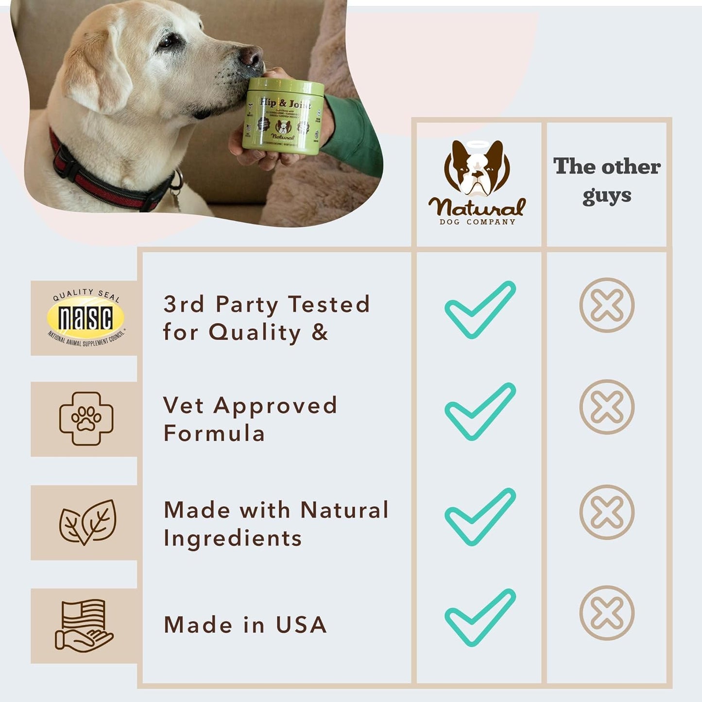 Natural Dog Company Hip & Joint Chews, Chicken Liver & Turmeric Flavor, with Glucosamine Chondroitin for Dogs, Maintains Bone and Joint Health, Supplements for Seniors and Puppies, 90 Count