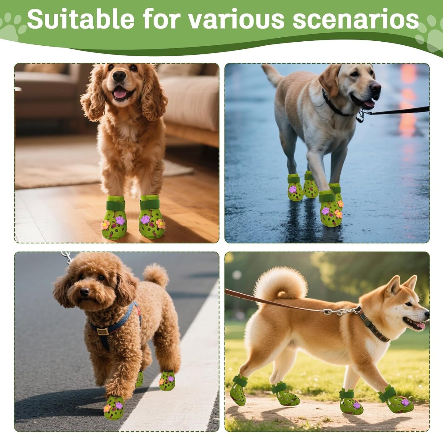 Dog Shoes for Hot Pavement, Adjustable Magic Tape Boots for Small, Medium & Large Dogs, Anti-Slip, Easy to Clean Paw Protectors for Beach, Outdoor & Hot Weather (Green L)