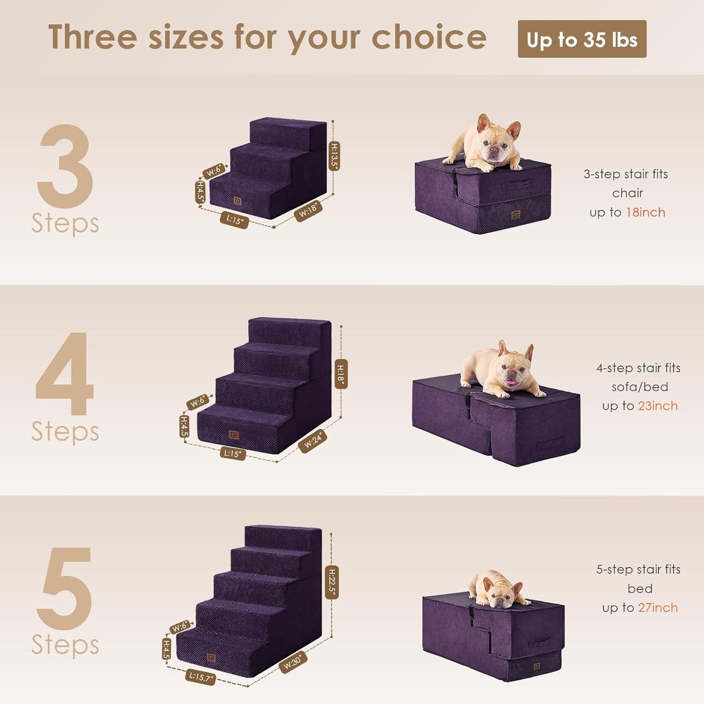 EHEYCIGA Dog Stairs for Small Dogs 13.5" H, 3-Step Dog Steps for Couch Sofa and Chair, Pet Steps for Medium Cats, Non-Slip Balanced Pet Ramp Indoor, Purple