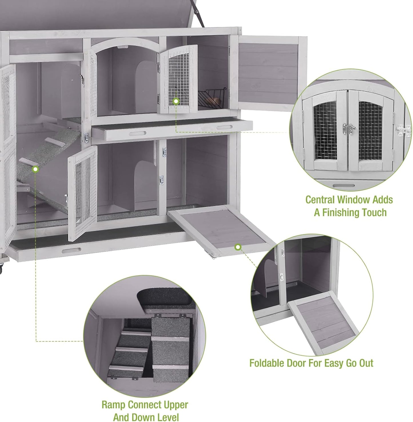 GUTINNEEN Rabbit Hutch Indoor Outdoor Bunny House Guinea Pig Cage on Wheel with Plastic Tray 47inch