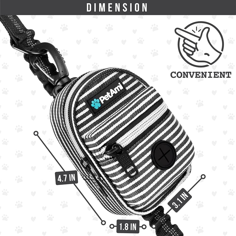 PetAmi Dog Poop Bag Holder for Leash, Dog Pet Waste Bag Dispenser For Poop With Clip, Doggy Puppy Walking Accessories Travel Camping, Dog Treat Pouch Supplies Must Have With Dog Bag Roll, Stripe Black