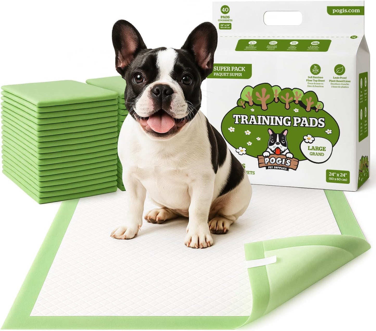 Pogi’s Dog Pads with Sticky Tabs – Large, Super Absorbent, Odor Blocking, 40-Count (24x24in)