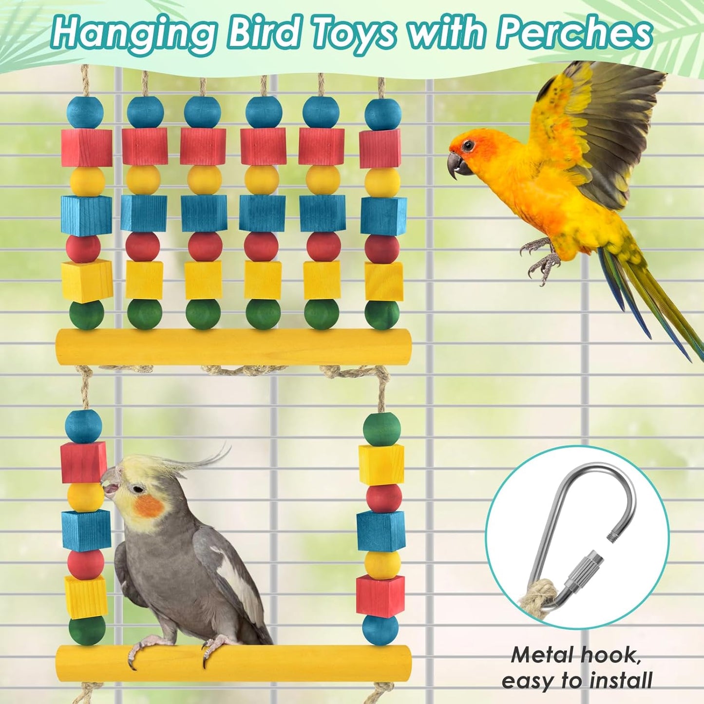 Bird Swing, Parrot Chew Toy with Wooden Perches Stand, Hanging Colorful Wood Block Bird Cage Accessories for Budgerigar, Canaries, Cockatiels, Parakeets, Conures, Finches, Mynah
