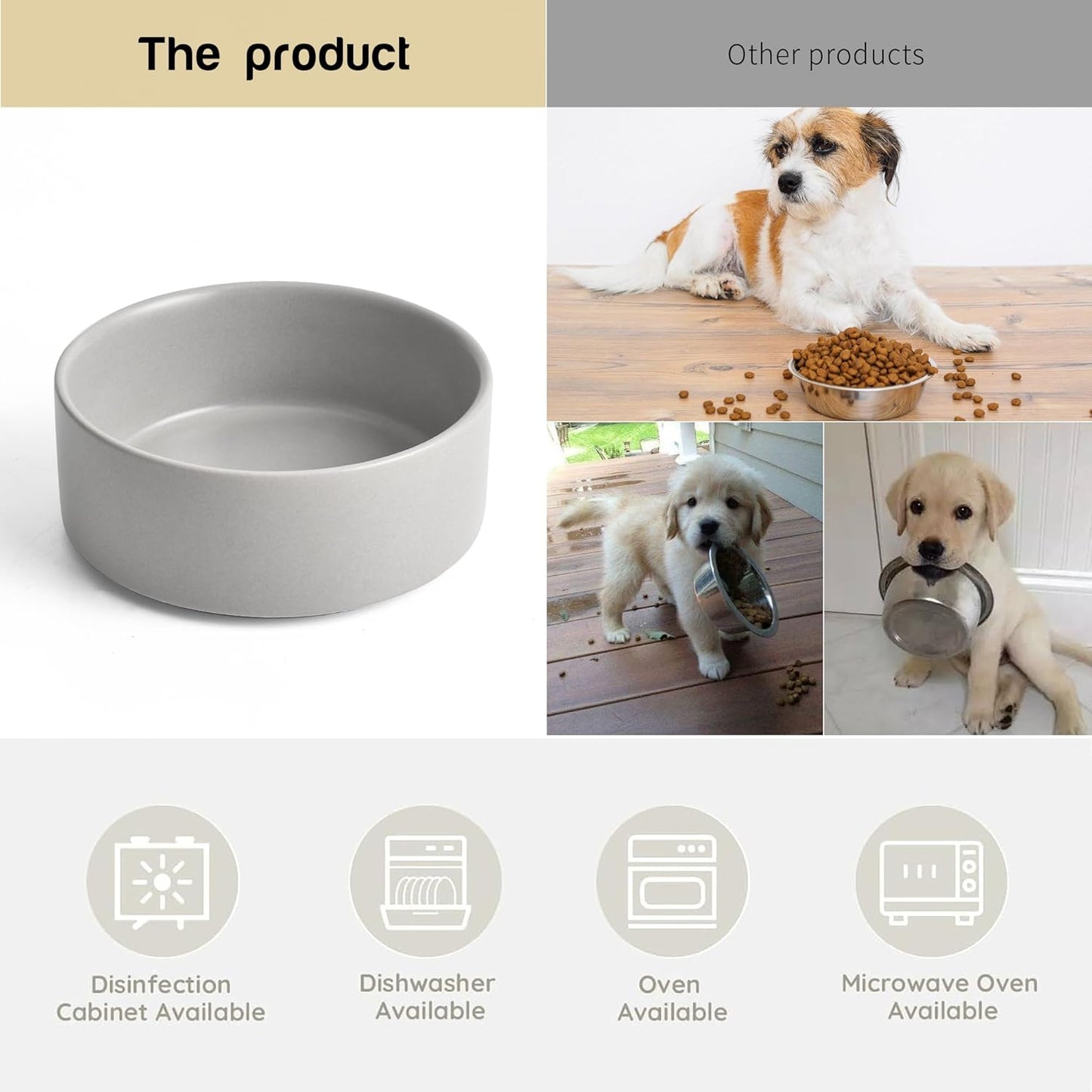 Grey Ceramic Dog & Cat Bowl Set – 13.5 OZ with Wooden Stand, Non-Slip, Elevated Design for Small Dogs & Cats – 2 Bowls (Food & Water, Ceramic Pet Bowls, Modern Dog Bowls)