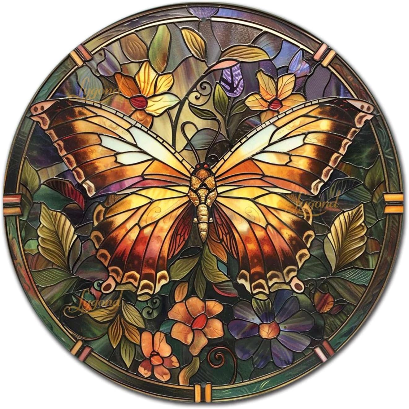 Lygond Metal Sign Tin Sign Circular Stained Glass Butterfly Wall Art for Club 12×12 Inches