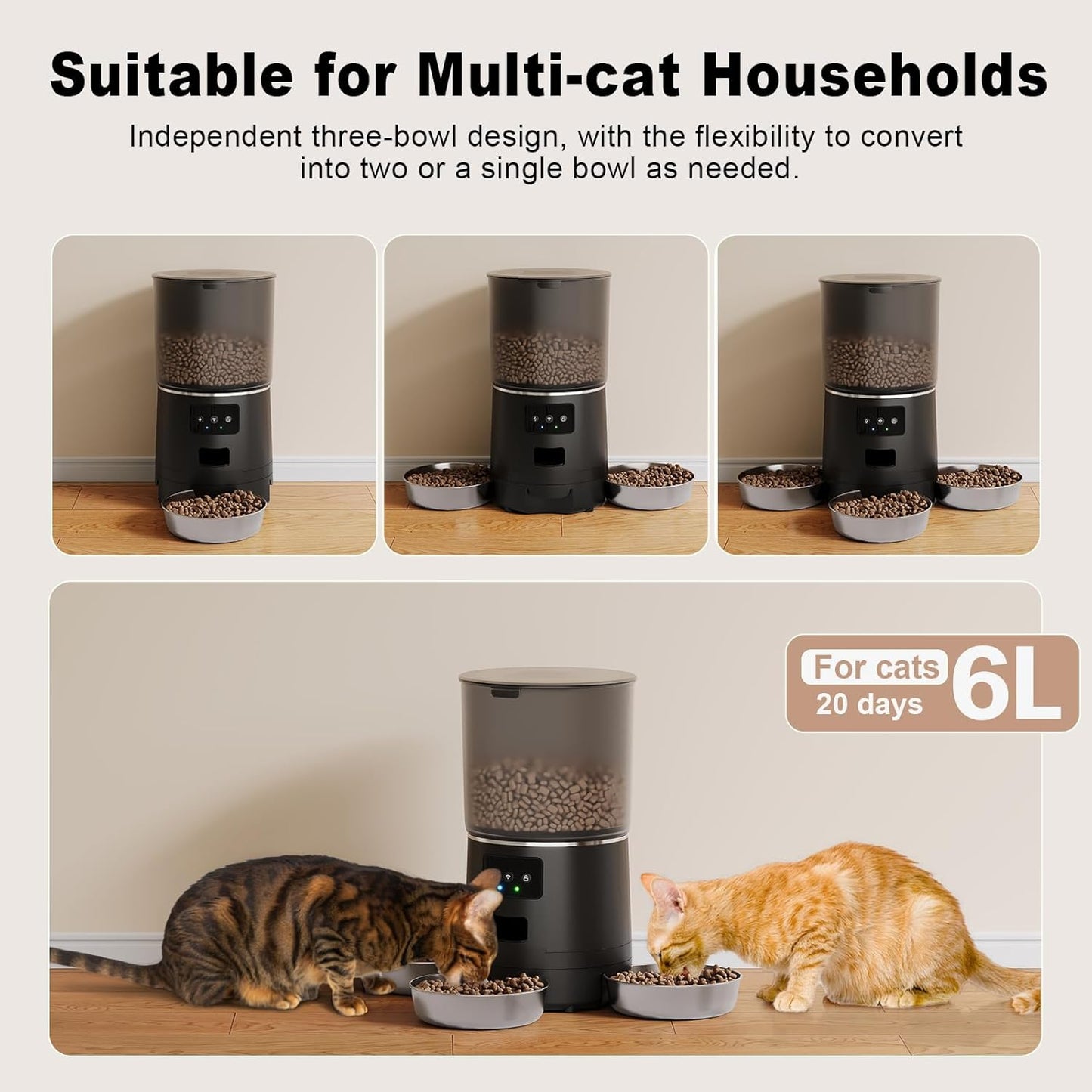 3-Cat Automatic Pet Feeder, 6L WiFi Cat Food Dispenser with APP Control, 1-10 Meal Programmable, Voice Recorder, Smart Alerts, Stainless Steel Bowls for Cats and Small Dogs (Black)