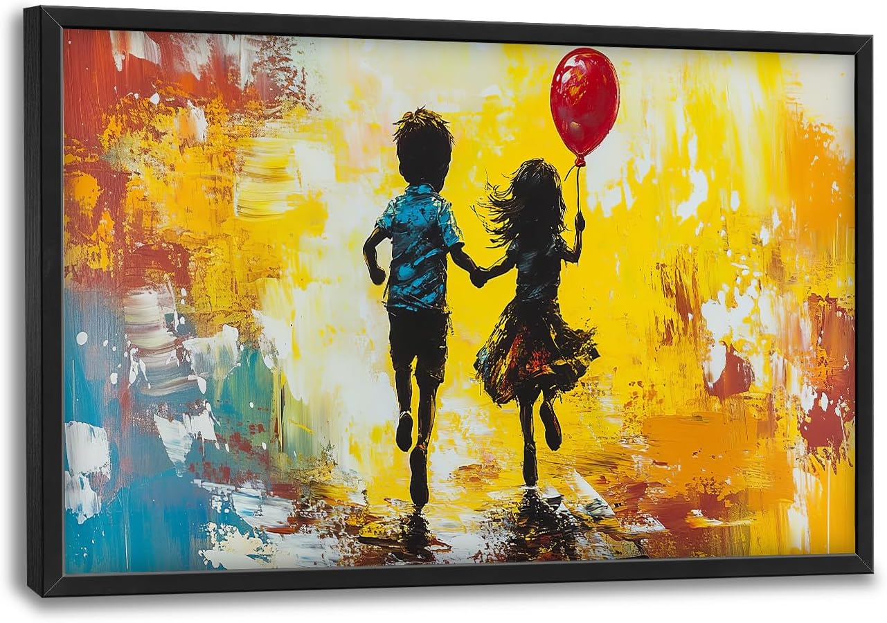 Framed Large Banksy Wall Art for Living Room, Oversized Colorful Graffiti Children Wall Decor, Peaceful Canvas Painting Pictures Modern Artwork Home Decoration for Living Room Bedroom 36"x24"