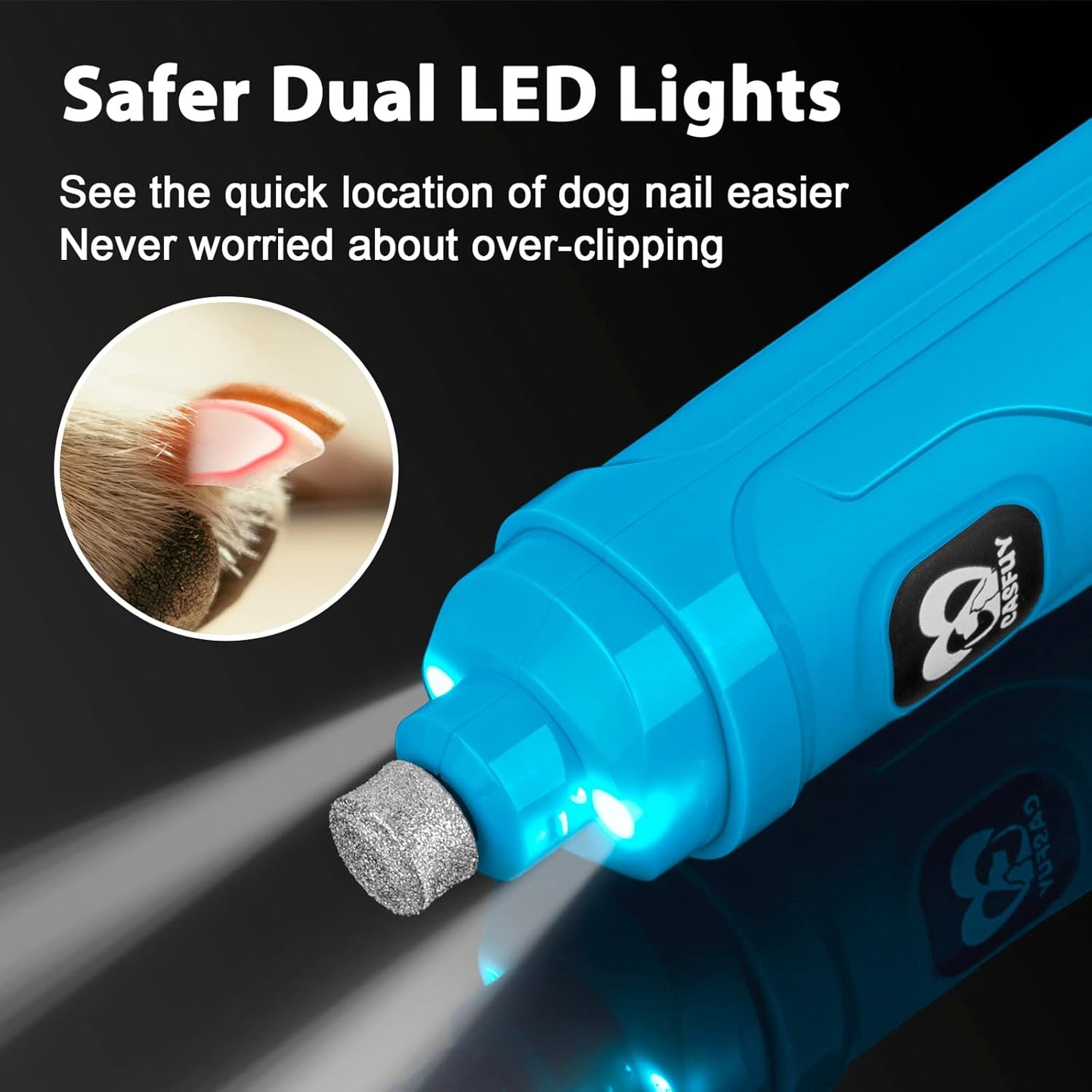 Casfuy Dog Nail Grinder with 2 LED Light - New Version 2-Speed Powerful Electric Pet Nail Trimmer Professional Quiet Painless Paws Grooming & Smoothing for Small Medium Large Dogs(Bright Blue)