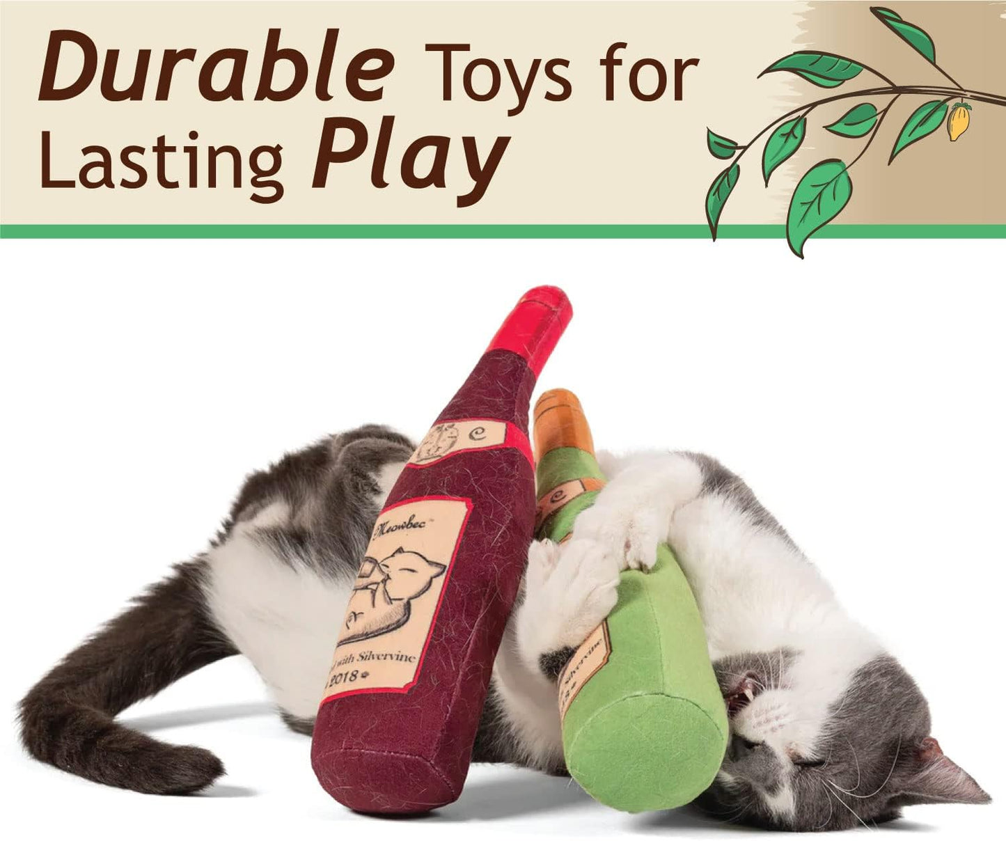 KittiLush 2-Pack Organic Silvervine Catnip Substitute Toys for Cats & Kittens | 100% All-Natural Wild Harvested Silvervine | 2 Refillable Wine Bottle Kicker Cat Toys