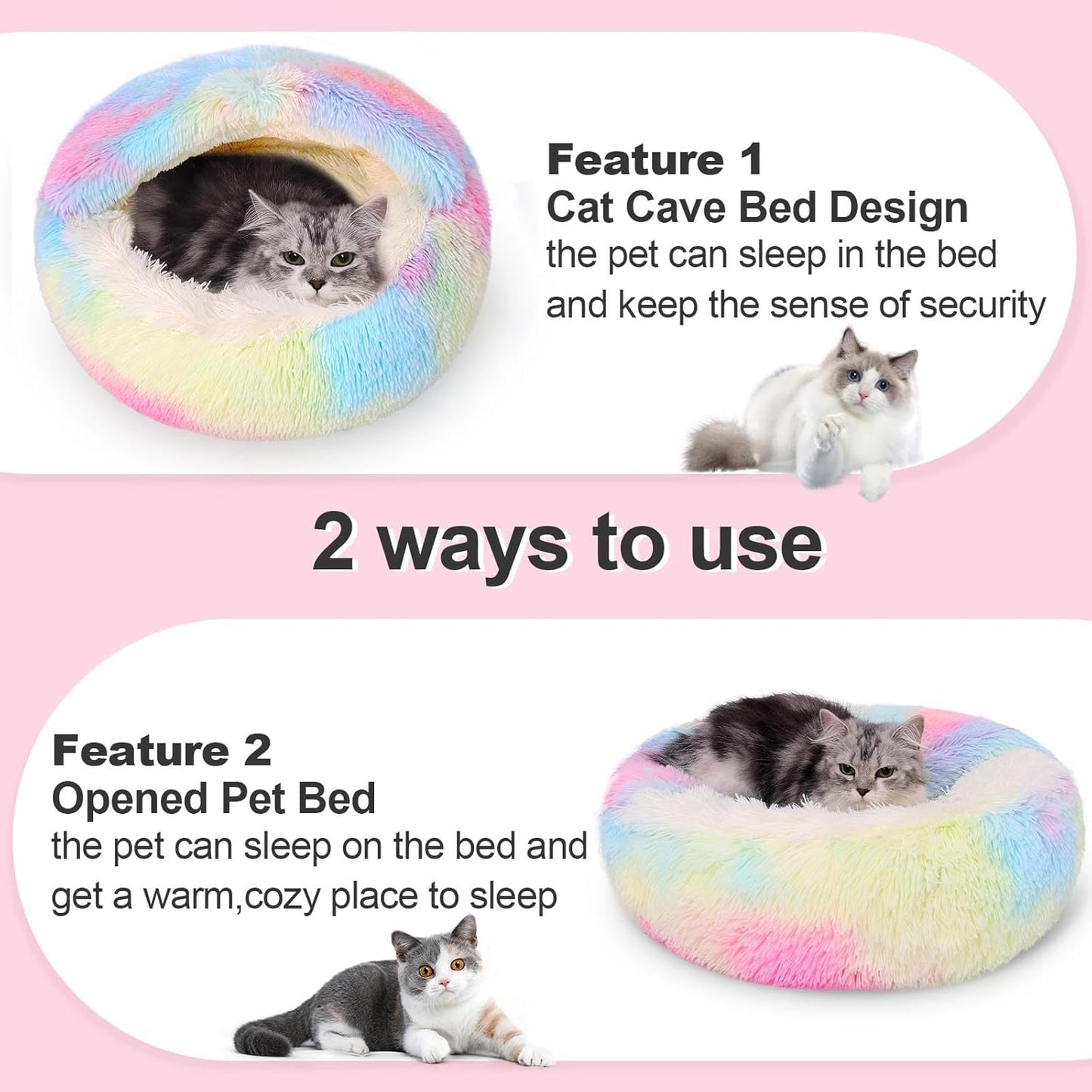 Calming Dog Beds & Cat Cave Bed with Hooded Cover,Removable Washable Round Beds for Small Medium Pets,Anti-Slip Faux Fur Fluffy Coved Bed for Improved Sleep,Fits up to 15/25 lbs(Colorful,M)