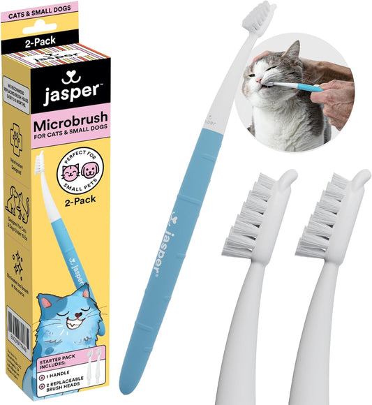 Jasper Microbrush Cat Toothbrush, Soft-Bristled Toothbrush Kit for Felines & Small Dogs, Premium Non-Slip Handle with 2 Replaceable Tooth Brush Heads, Use with Cat Toothpaste