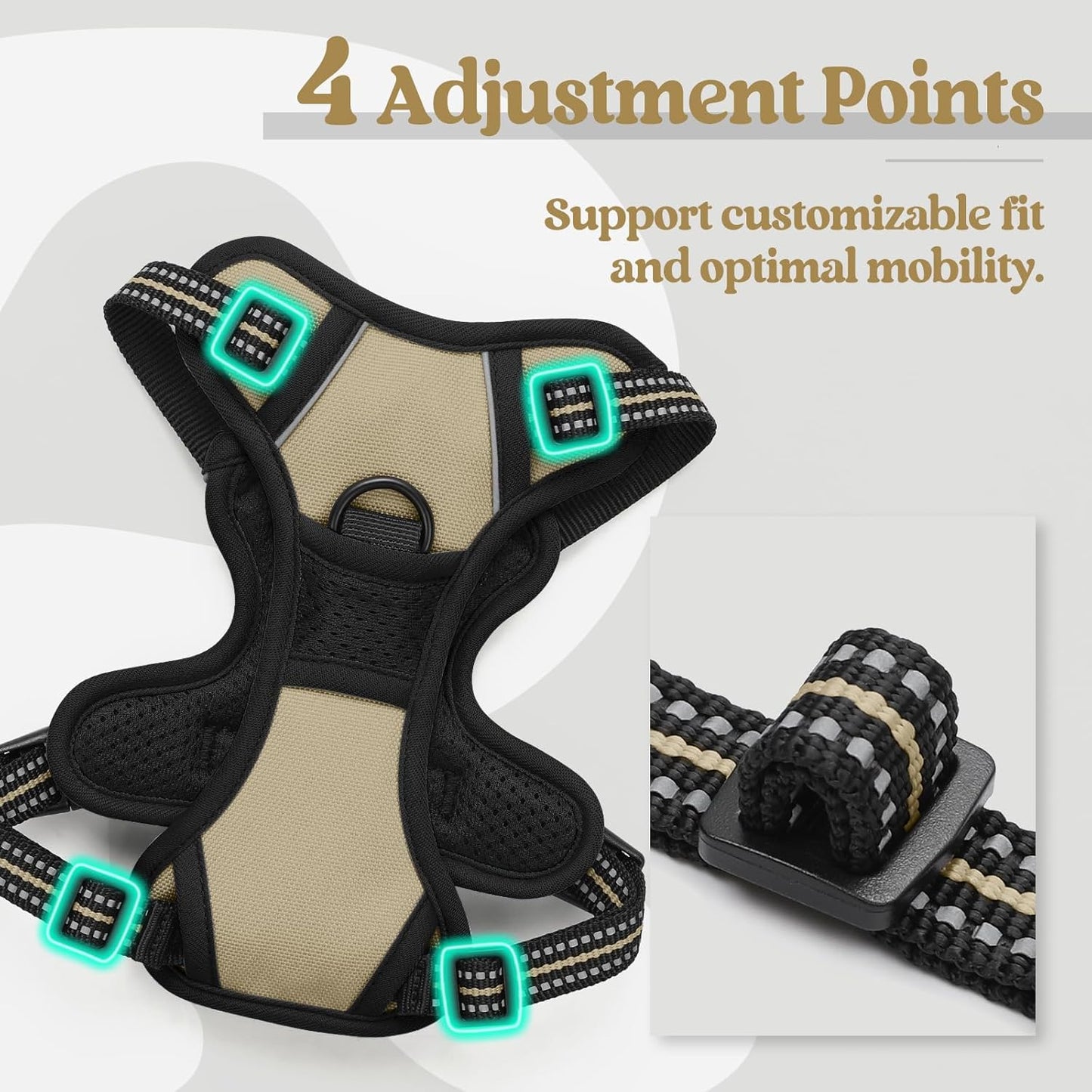 rabbitgoo Dog Harness No Pull with 2 Leash Clips, Adjustable Soft Padded, Reflective Oxford No Choke Pet Vest with Easy Control Handle for Puppy, Beige, XS